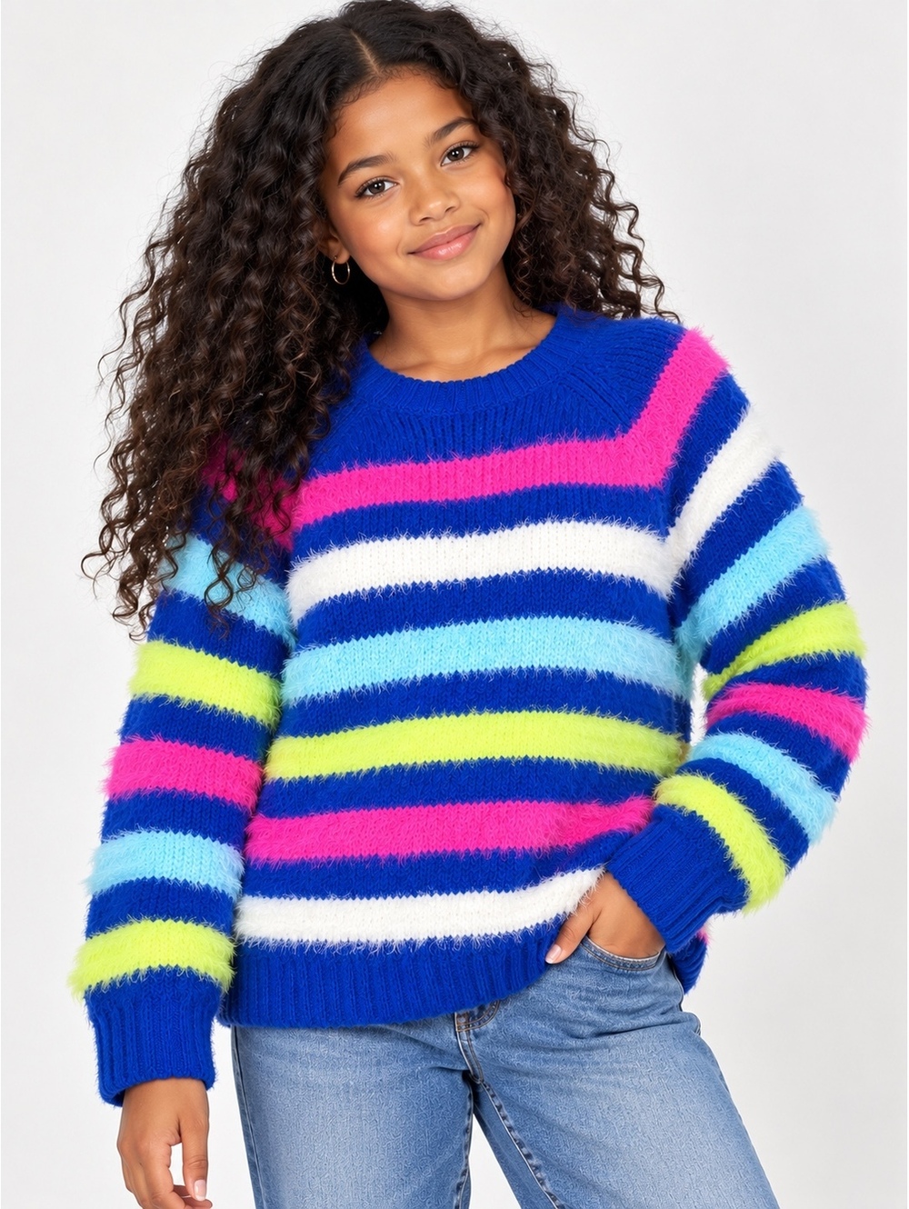 Thereabouts Girls Plus 3XL 22.5 Fuzzy Striped Sweater Blue Multicolor NWT